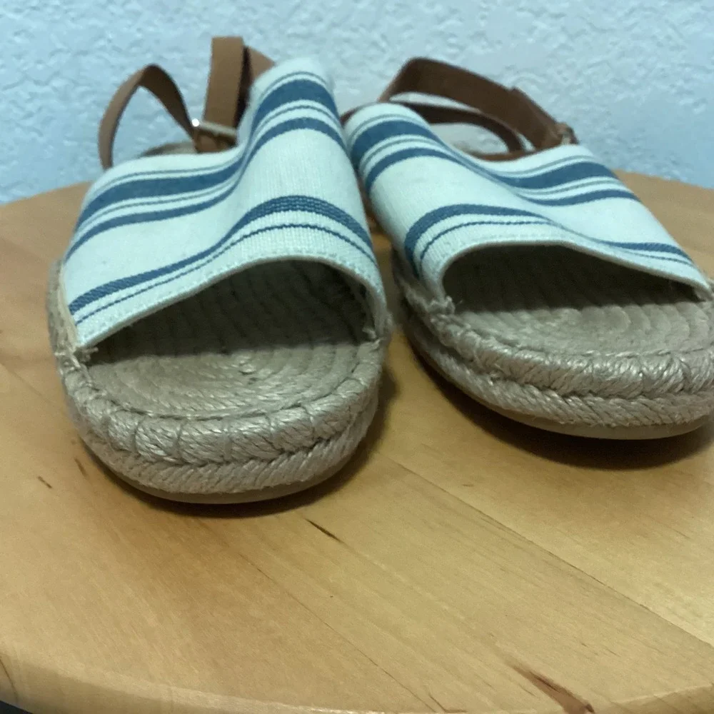 Tory Burch Striped Canvas‎ Espadrille Sandals Blue Cream Leather Ankle Strap 8